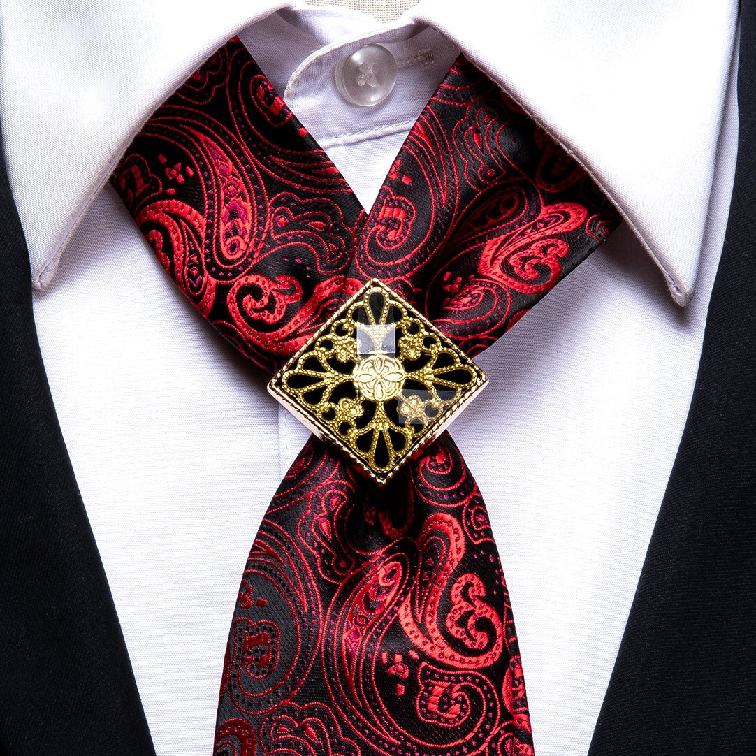 Red Paisley Poirot Tie Ring Pocket Square Cufflinks Set