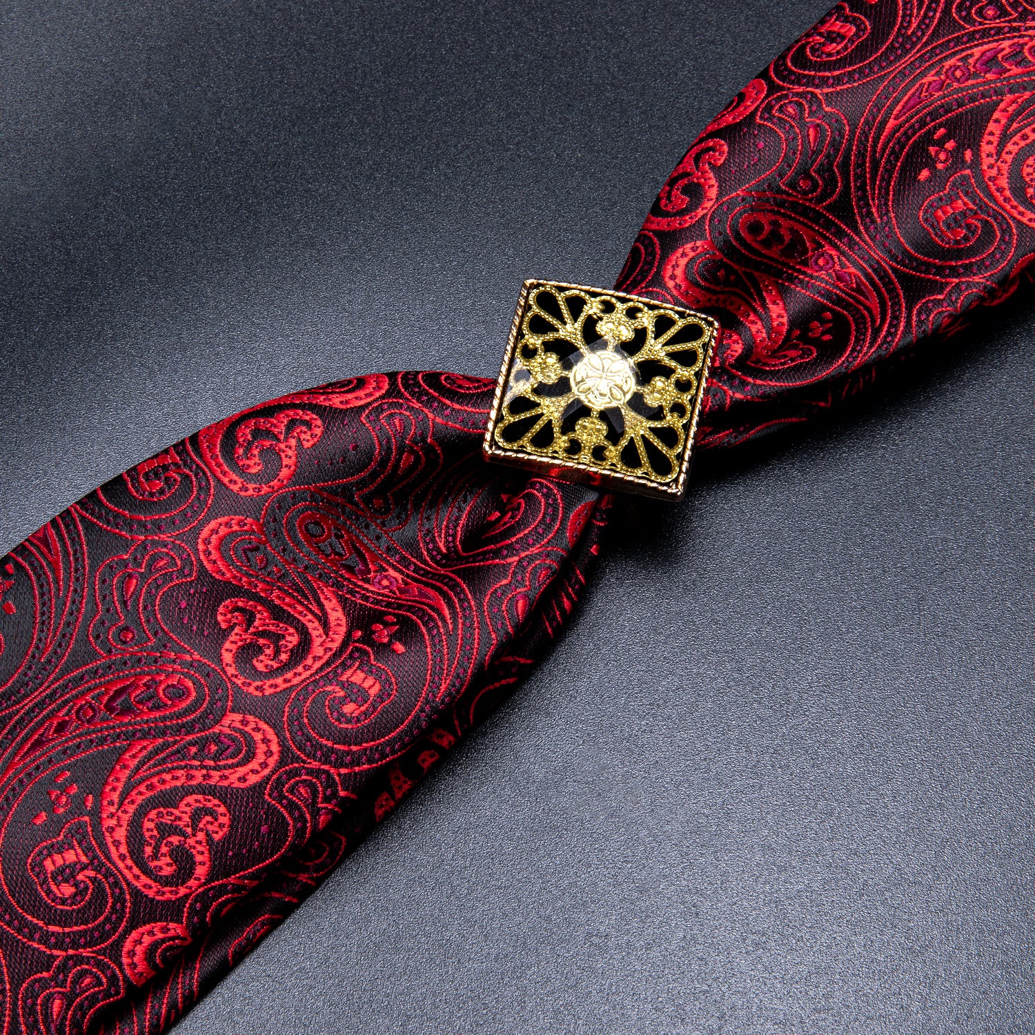 Red Paisley Poirot Tie Ring Pocket Square Cufflinks Set