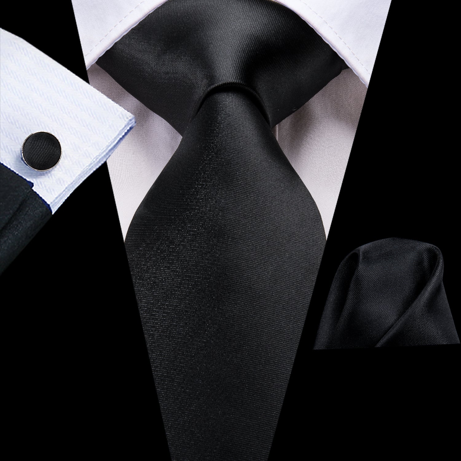 Essential Black Solid Tie Pocket Square Cufflinks Set