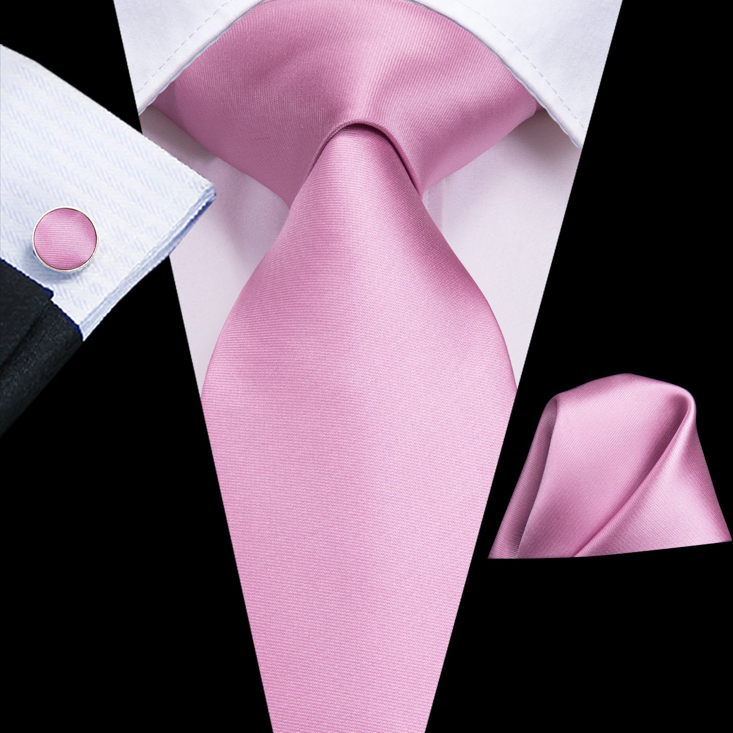 Wedding Solid Pink Necktie Pocket Square Cufflinks Set