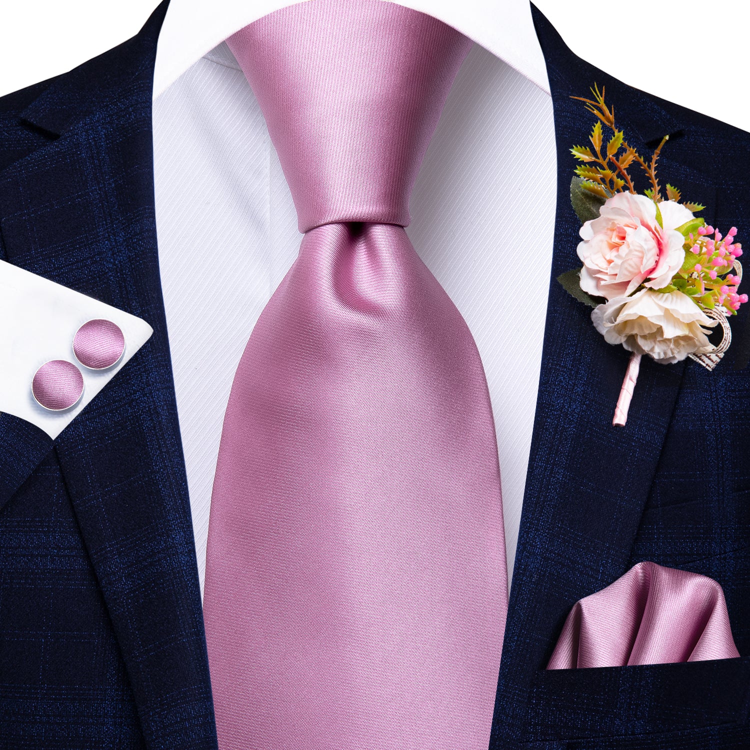 Wedding Solid Pink Tie Handkerchief Cufflinks Set with Wedding Brooch
