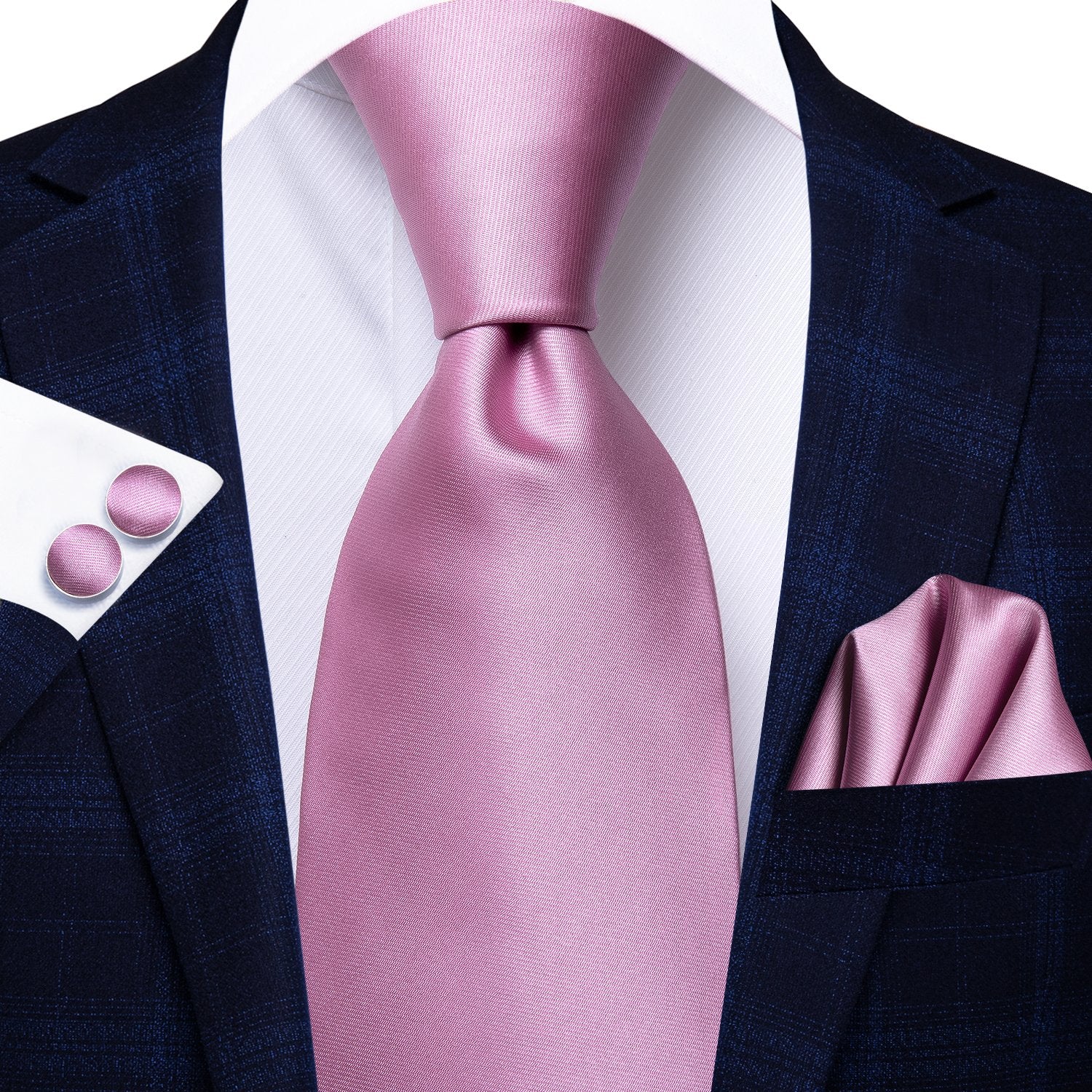 Wedding Solid Pink Tie Handkerchief Cufflinks Set with Wedding Brooch