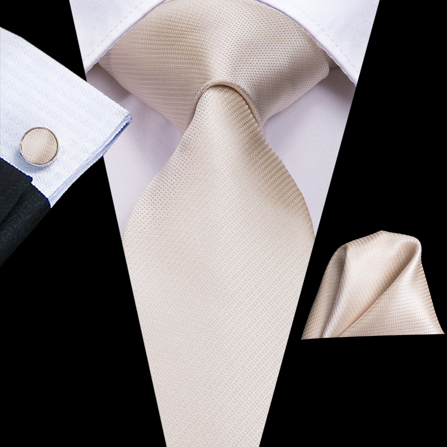 Ivory Beige Solid Necktie  Pocket Square Cufflinks Set