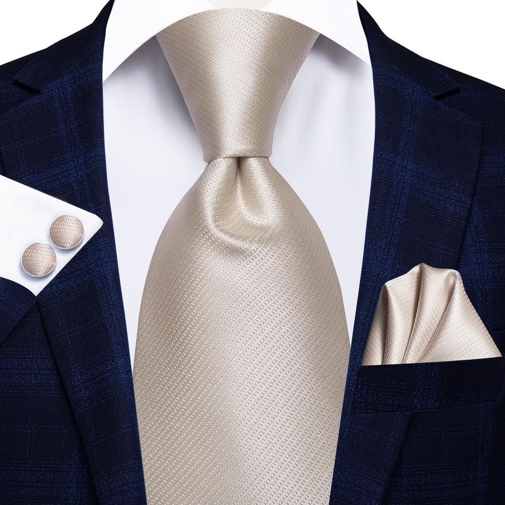 Lvory Beige Solid Tie Handkerchief Cufflinks Set with Wedding Brooch