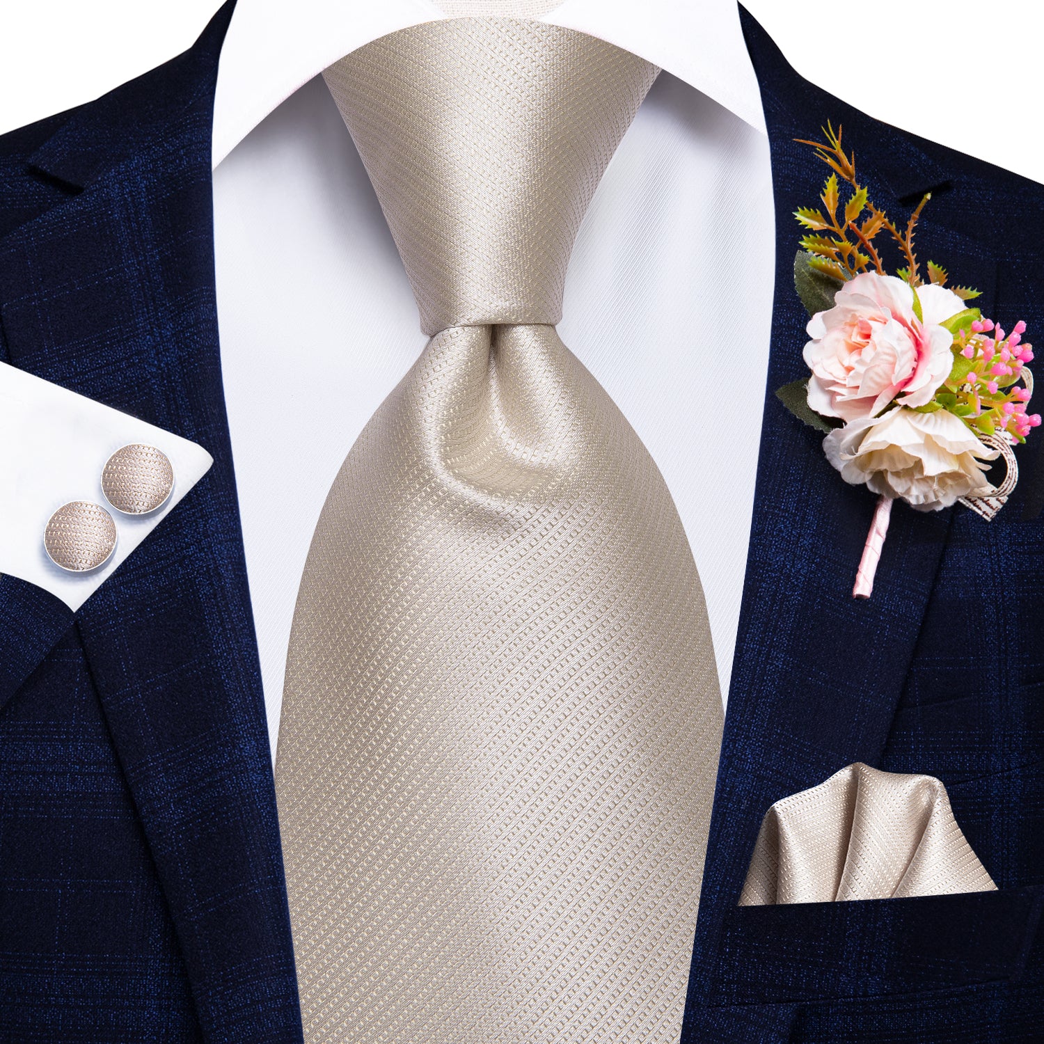 Lvory Beige Solid Tie Handkerchief Cufflinks Set with Wedding Brooch