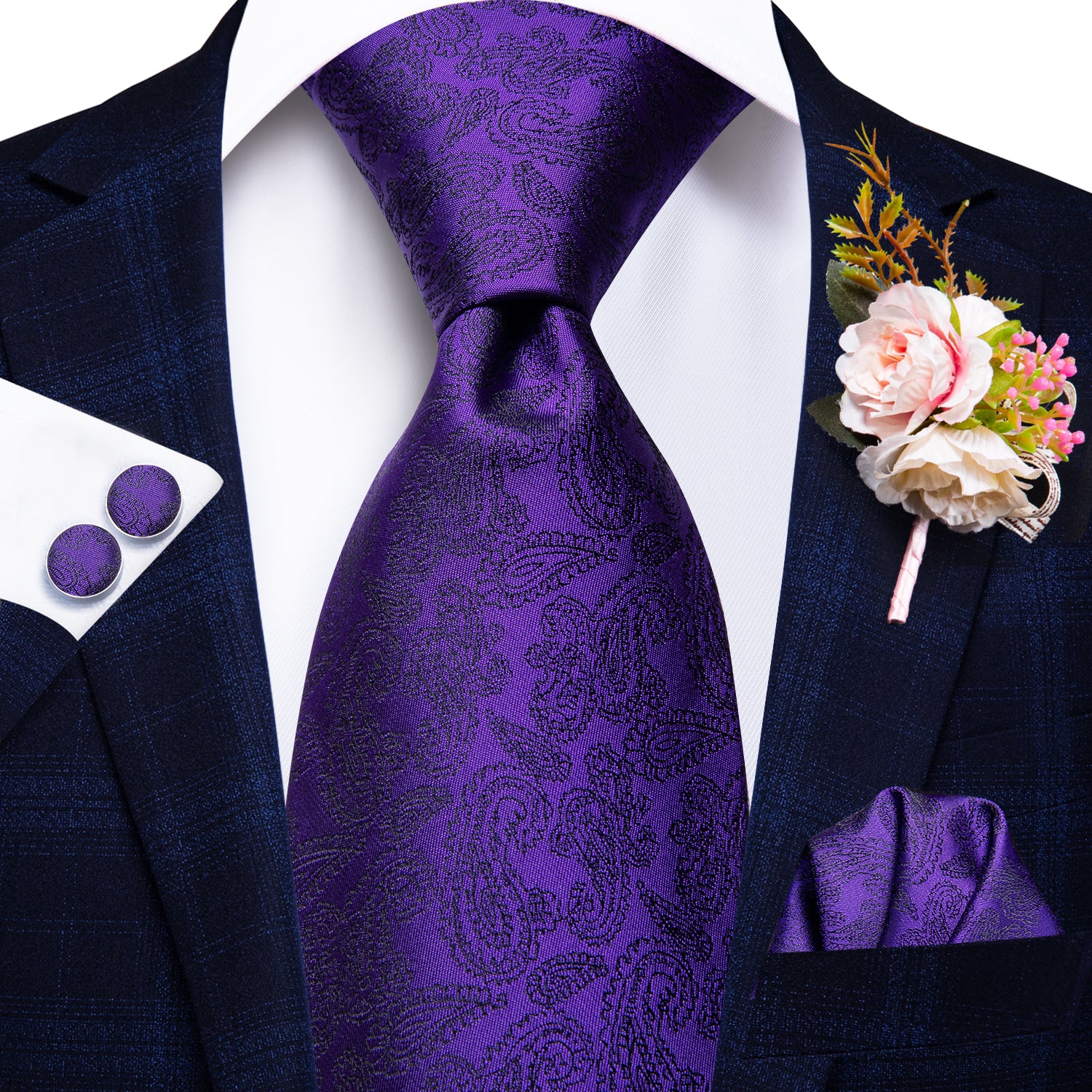 Noble Purple Solid  Tie Handkerchief Cufflinks Set with Wedding Brooch