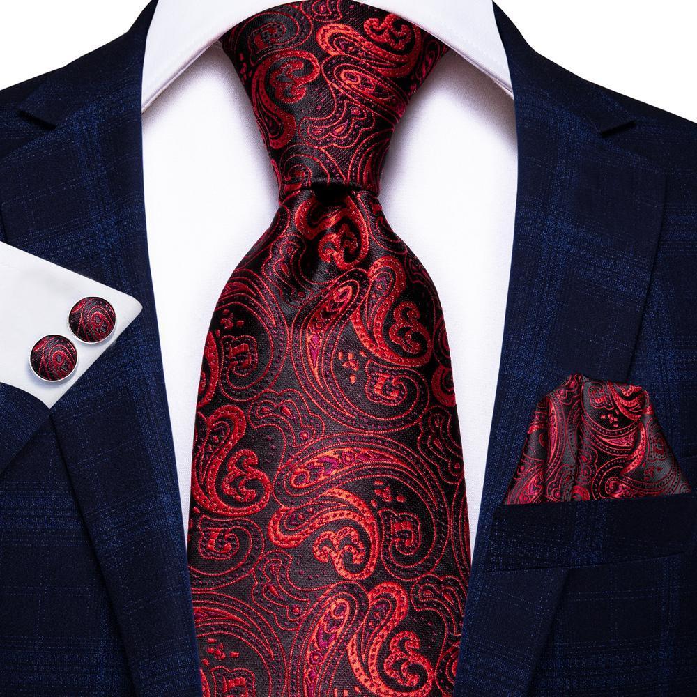 Red Black Paisley 63 Inches Extra Long Tie Handkerchief Cufflinks Set