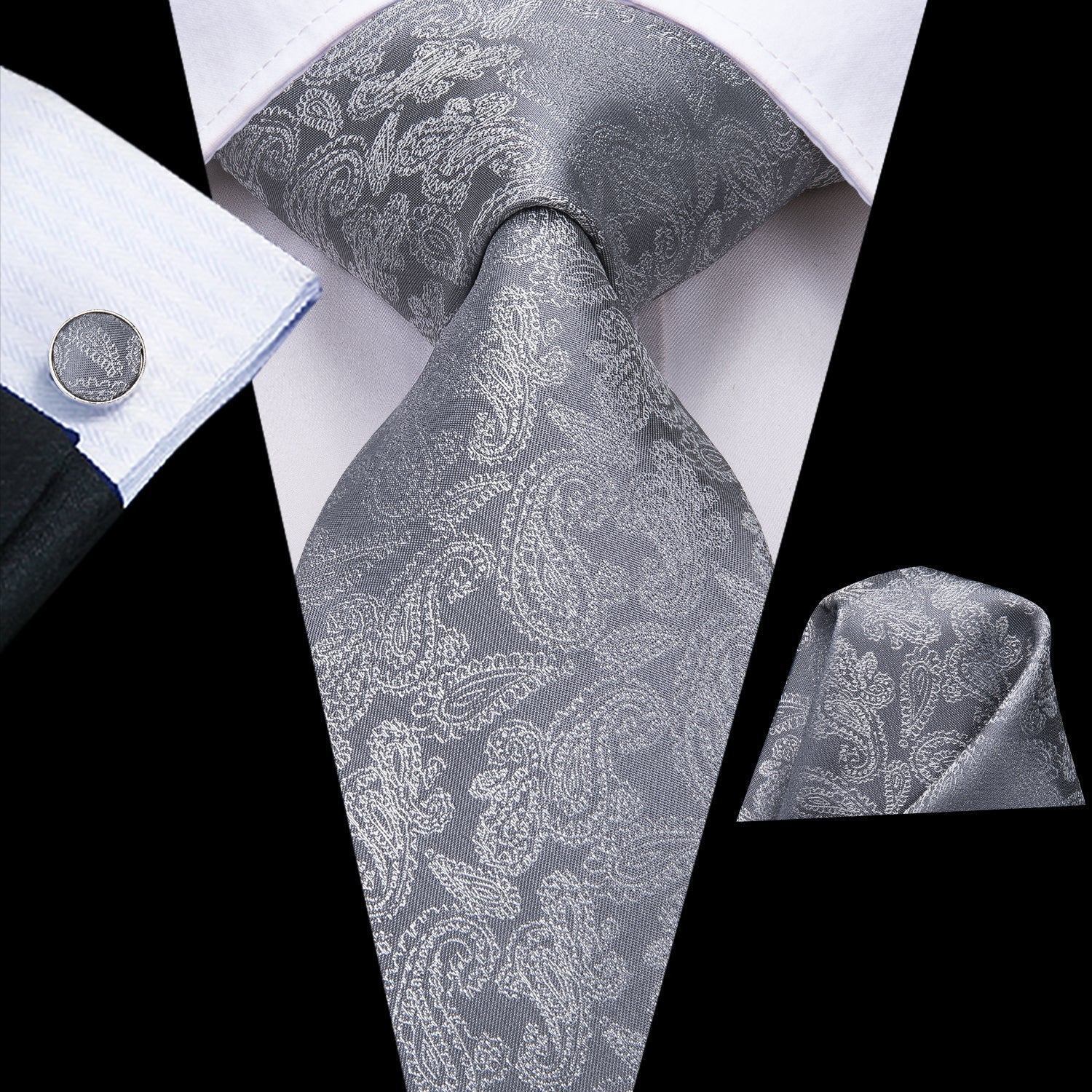 Shining Grey Paisley Tie Pocket Square Cufflinks Set