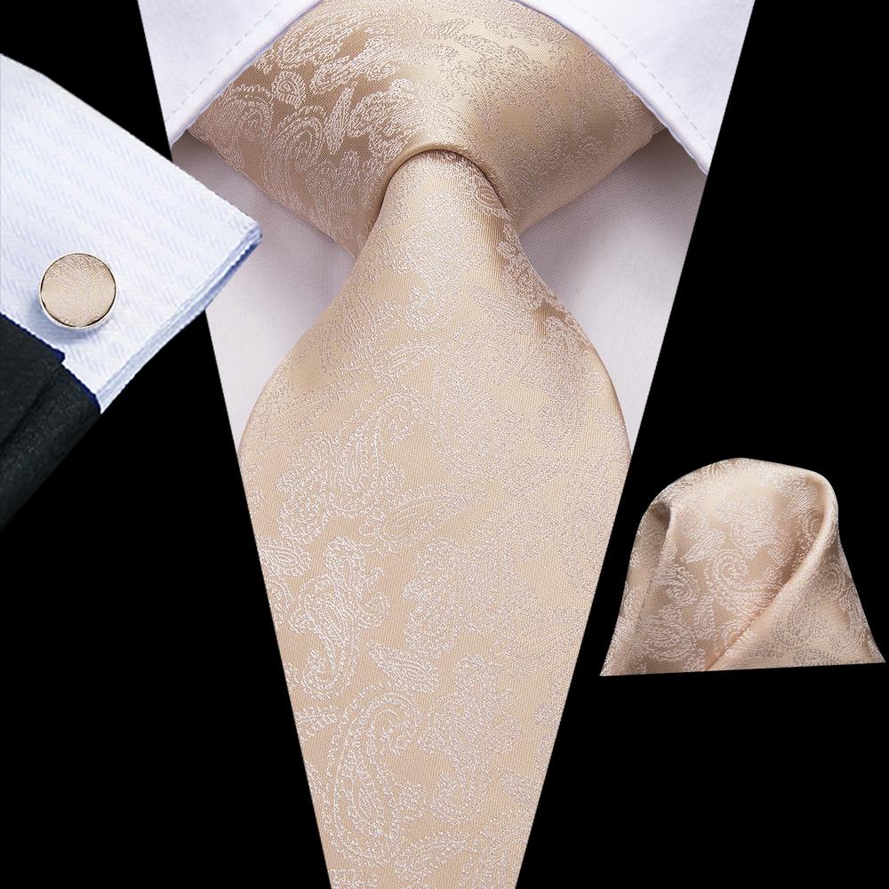 Ivory Beige Paisley Necktie Pocket Square Cufflinks Set
