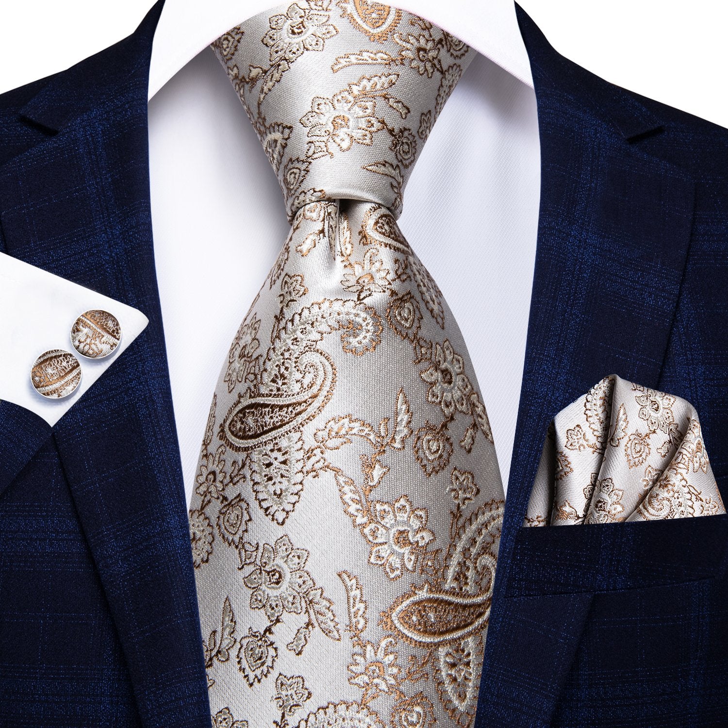 Beige Paisley Tie Handkerchief Cufflinks Set with Wedding Brooch