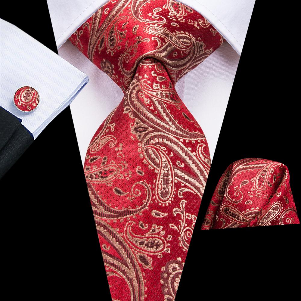 Red Gold Paisley Necktie Pocket Square Cufflinks Set