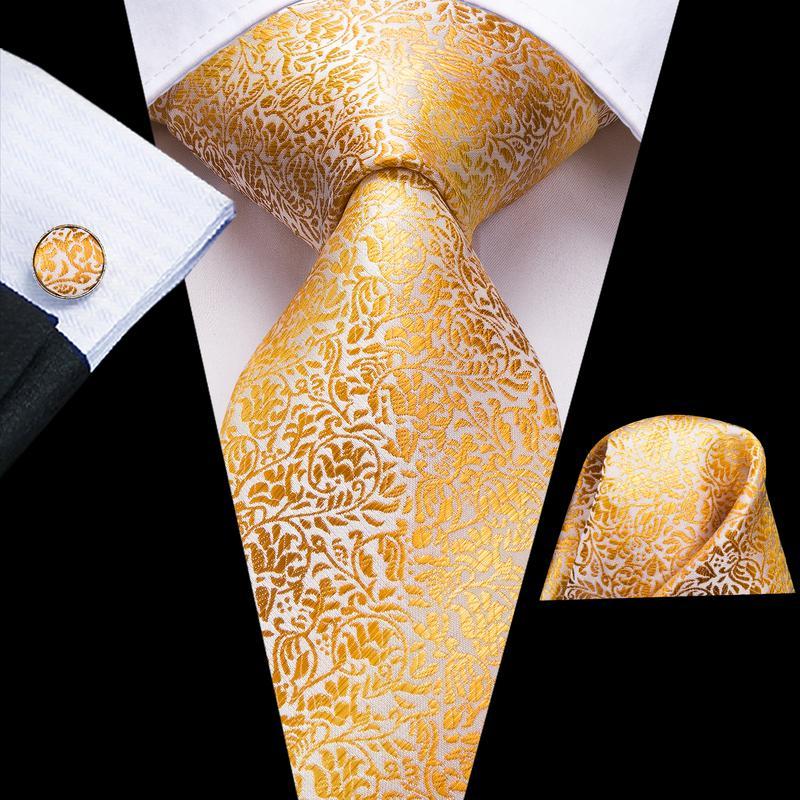 Gold Leaves Silk Tie Handkerchief Cufflinks Set
