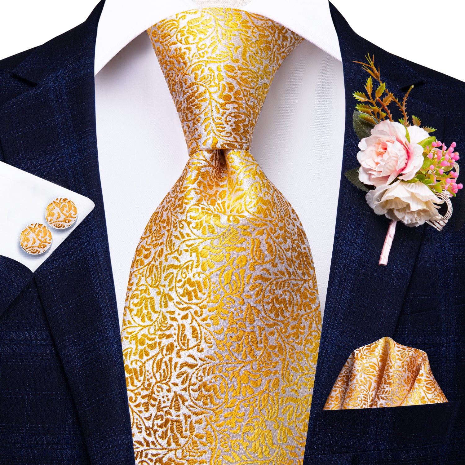 Gold Leaves Tie Handkerchief Cufflinks Set with Wedding Brooch