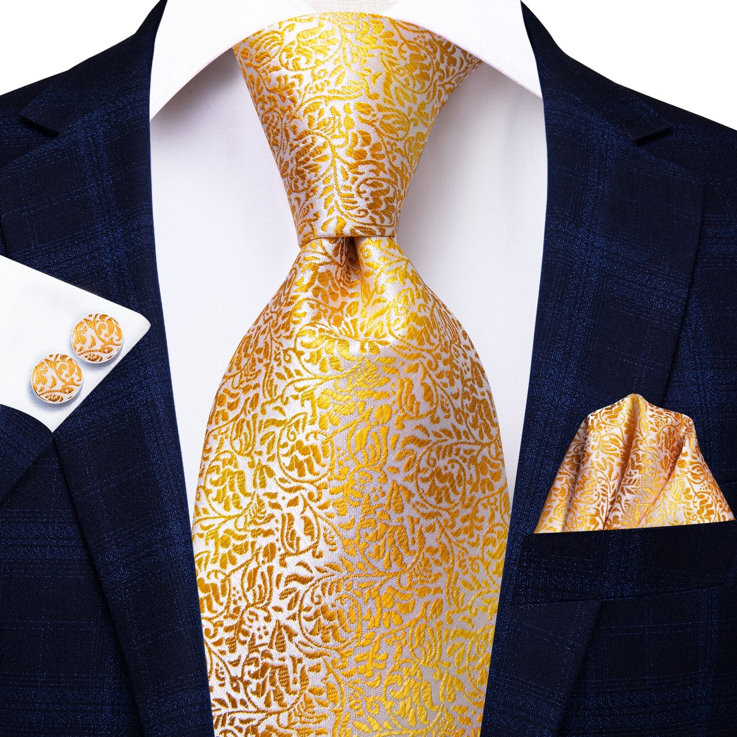 Gold Leaves Silk Tie Handkerchief Cufflinks Set with Collar Pin