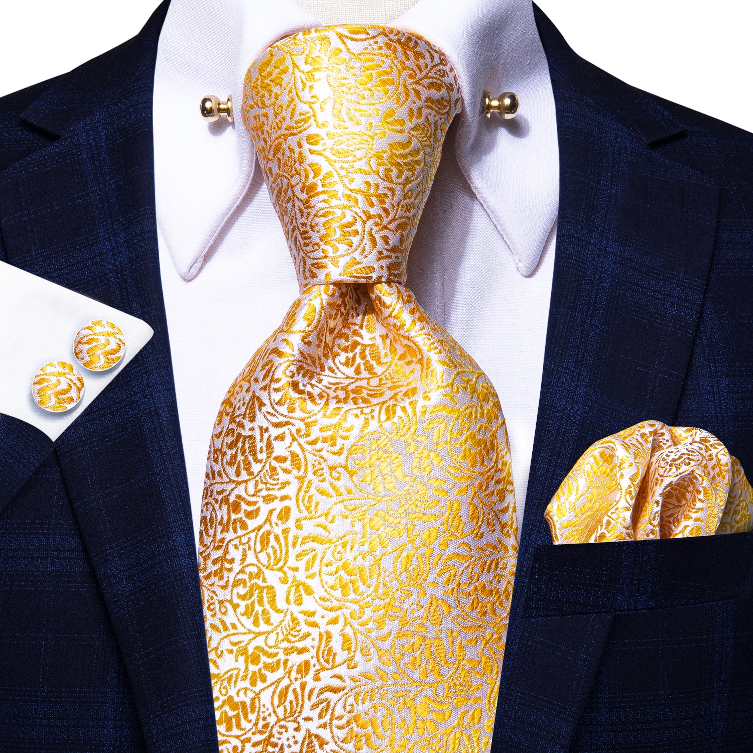 Gold Leaves Silk Tie Handkerchief Cufflinks Set with Collar Pin
