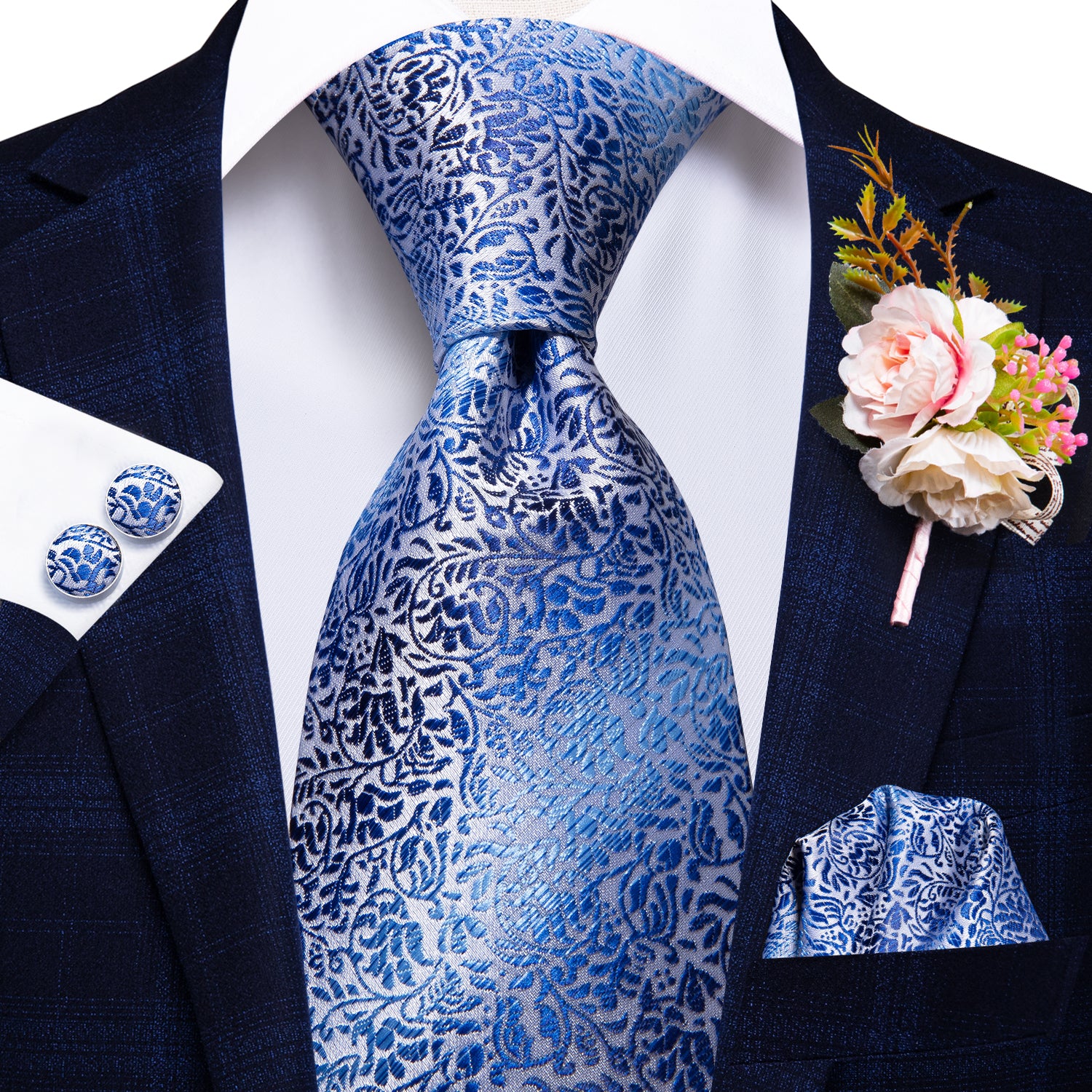 Blue Floral Tie Handkerchief Cufflinks Set with Wedding Brooch
