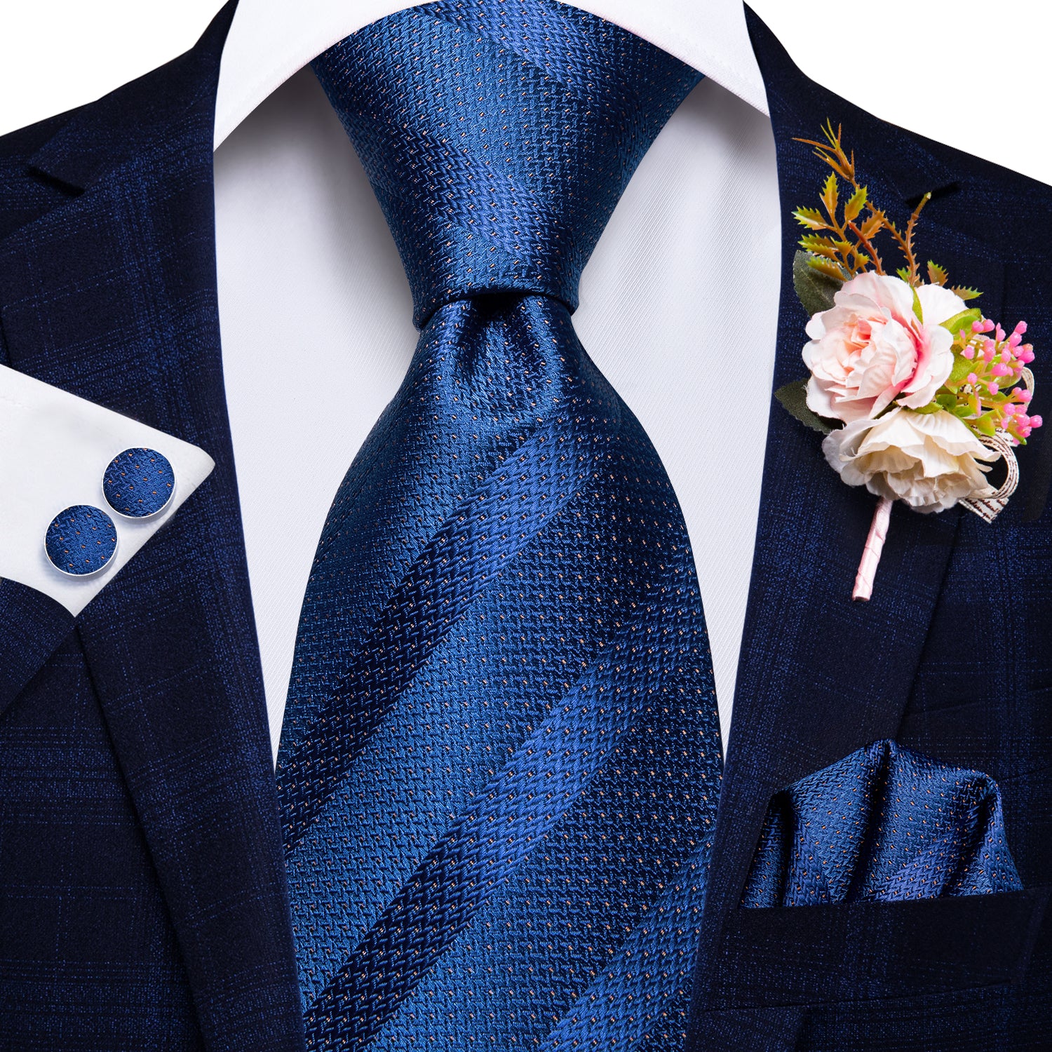 Blue Striped Tie Handkerchief Cufflinks Set with Wedding Brooch