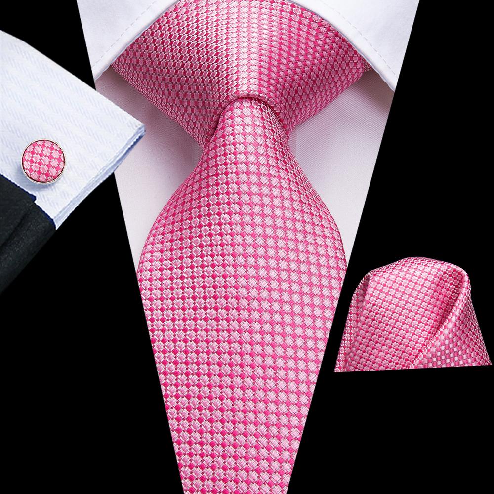 Classic Pink Plaid Tie Pocket Square Cufflinks Set