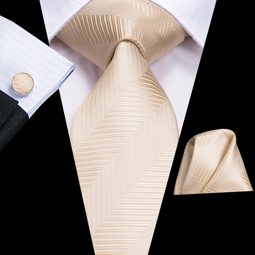 Beige Striped Tie Pocket Square Cufflinks Set