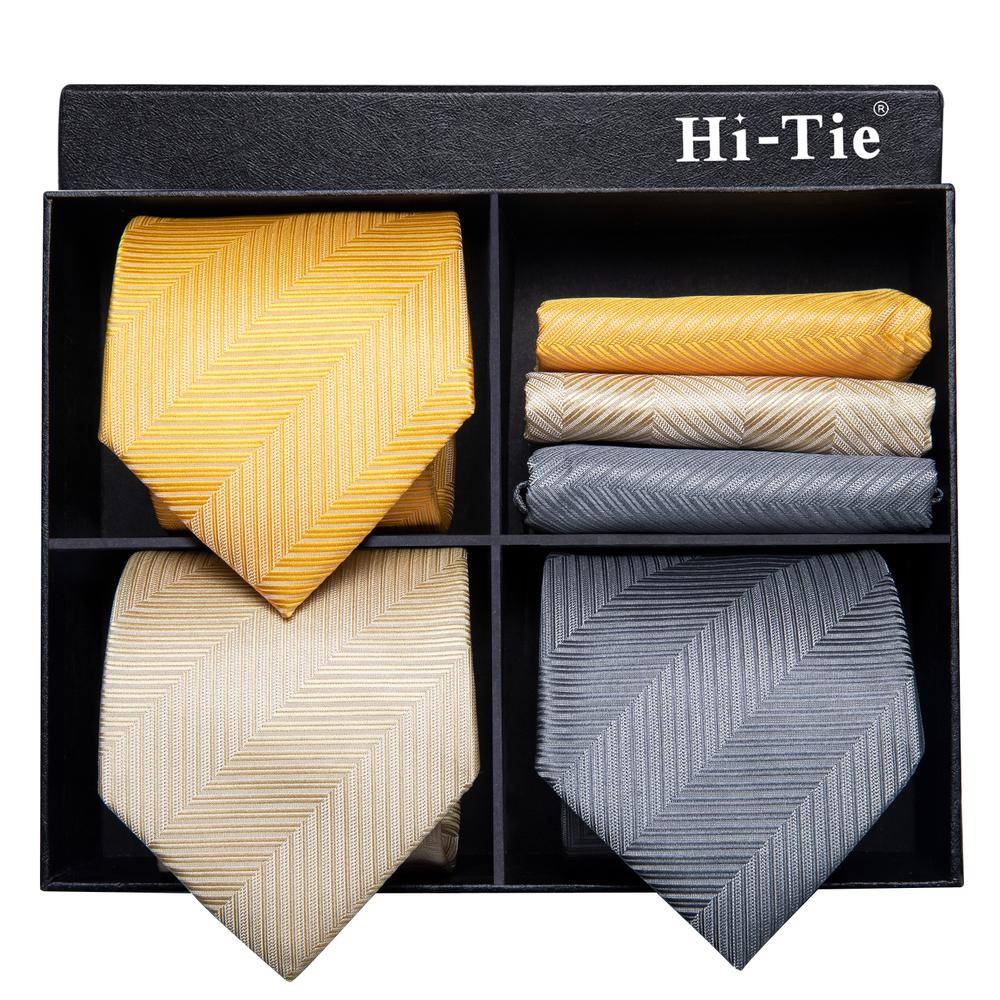 Yellow Grey Champagne Striped Tie Pocket Square Cufflinks Gift Box Set