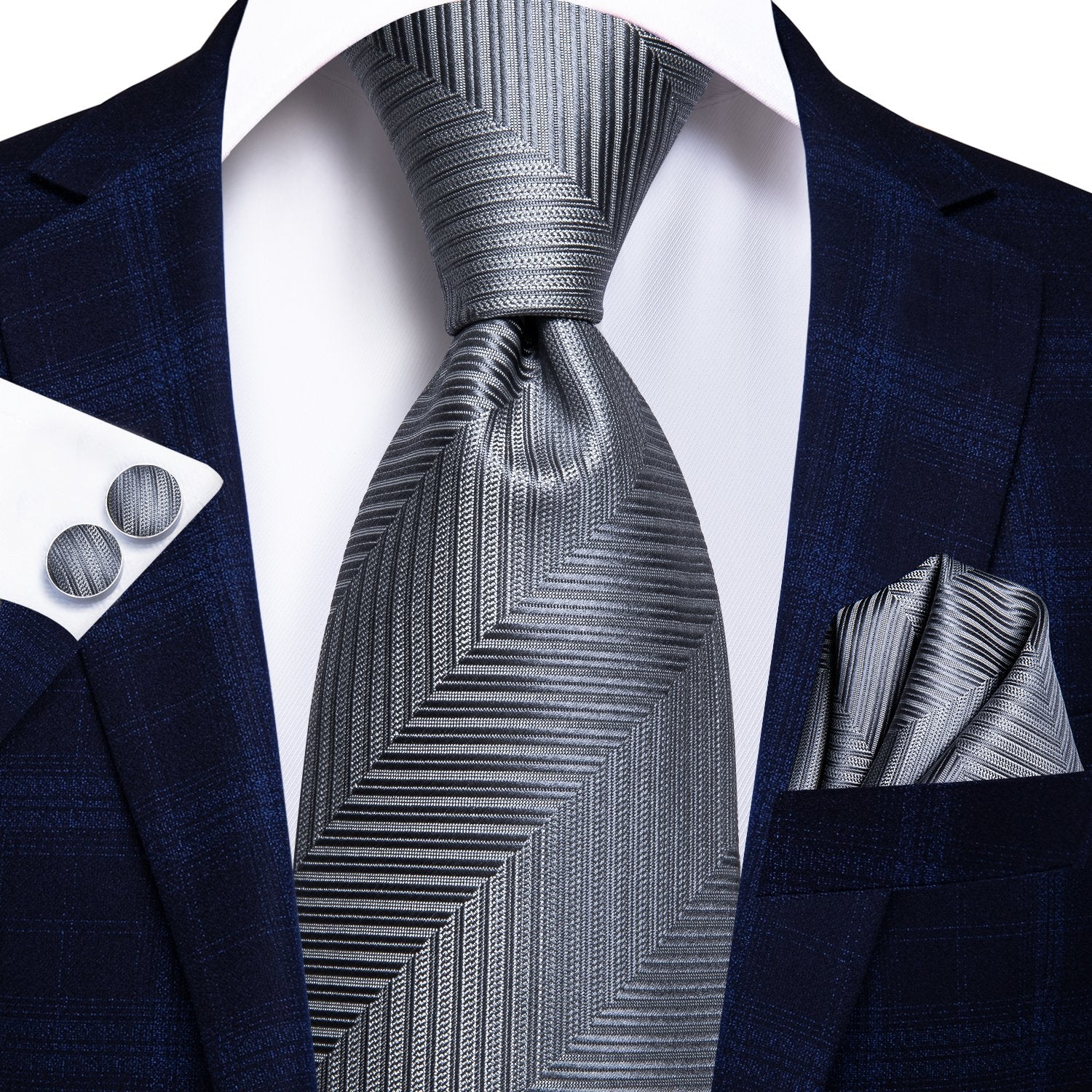 Essential Grey Striped Tie Handkerchief Cufflinks Set with Wedding Brooch