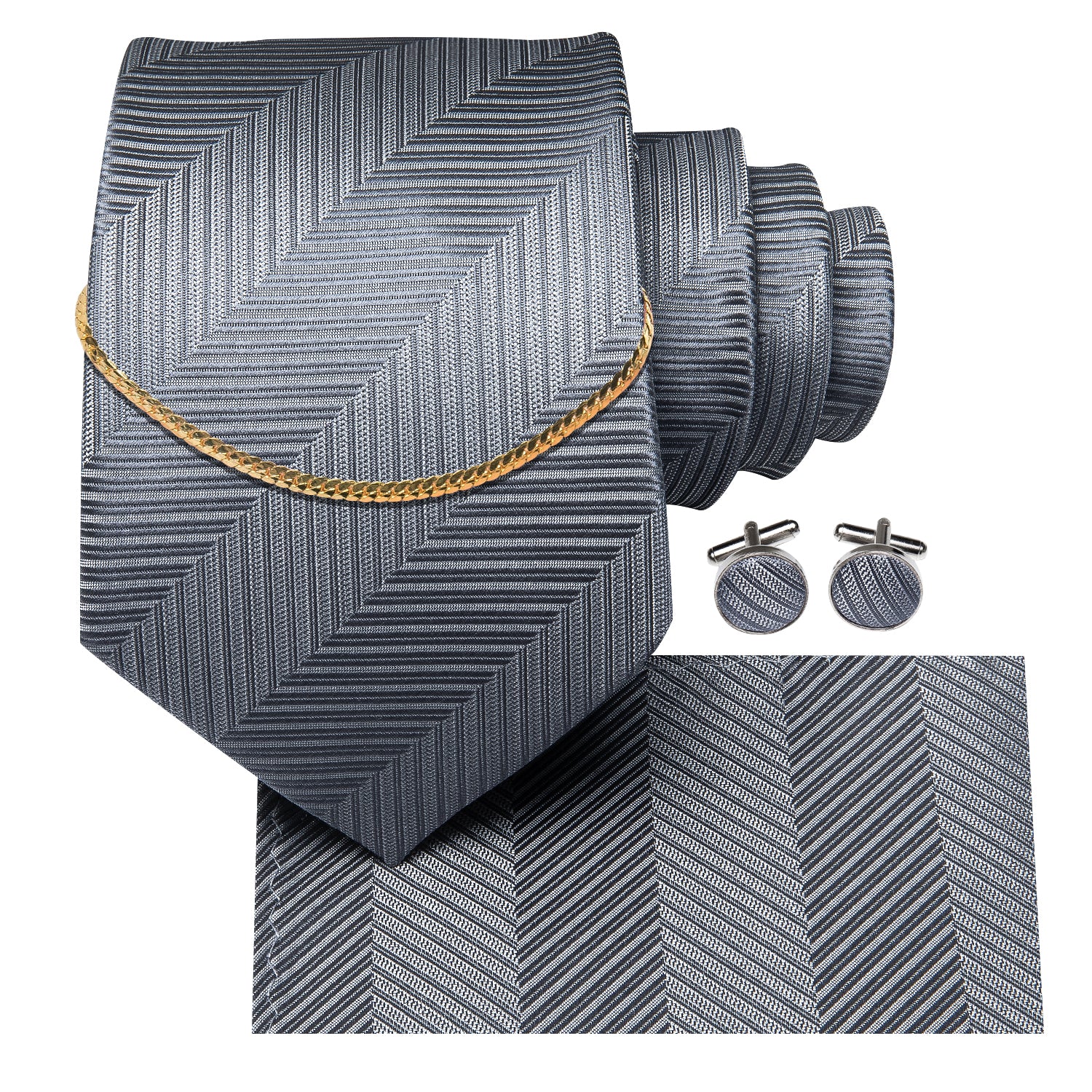 Essential Grey Striped Tie Pocket Square Cufflinks Set With Golden Chain