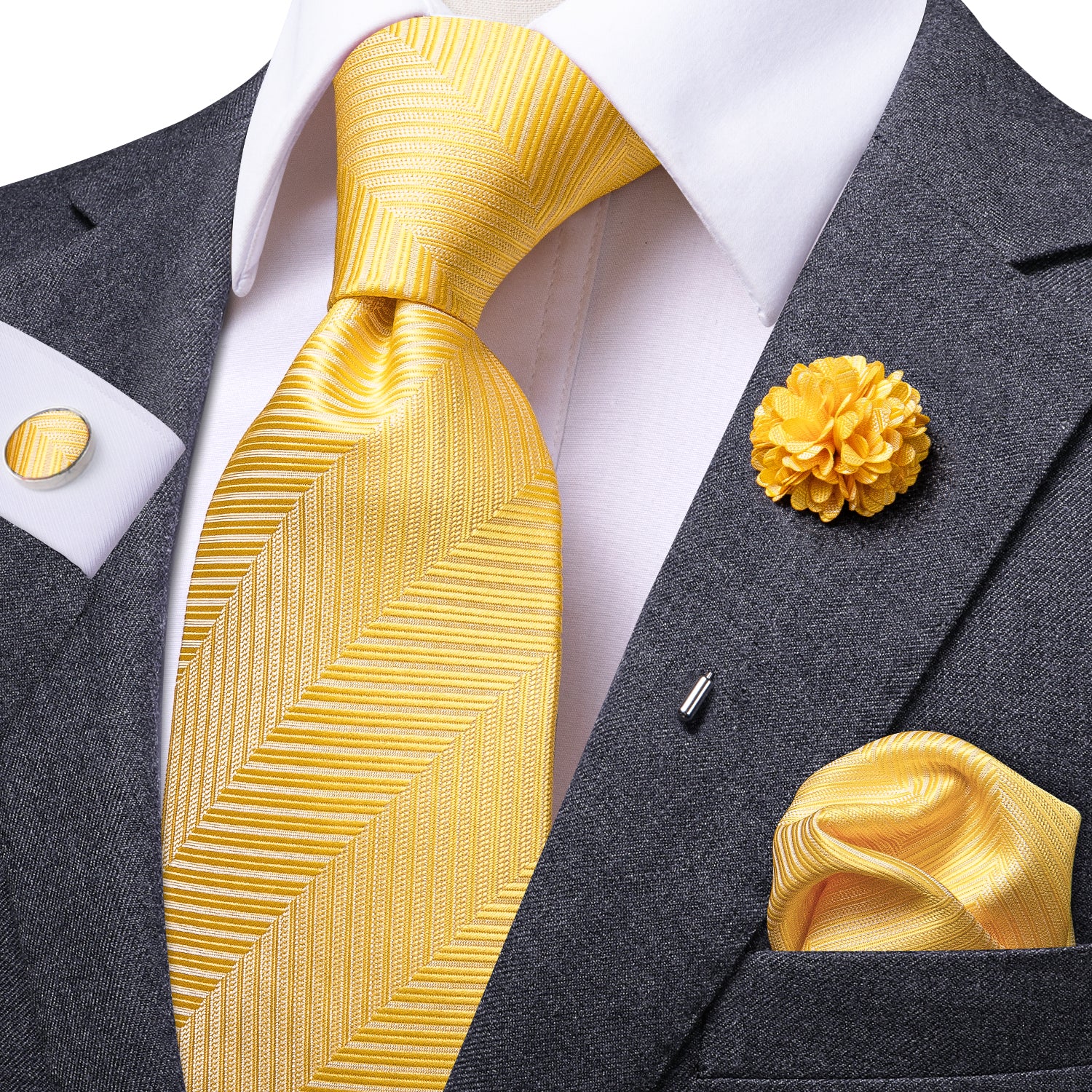 Yellow Color Striped Tie Handkerchief Cufflinks Set with Brooch