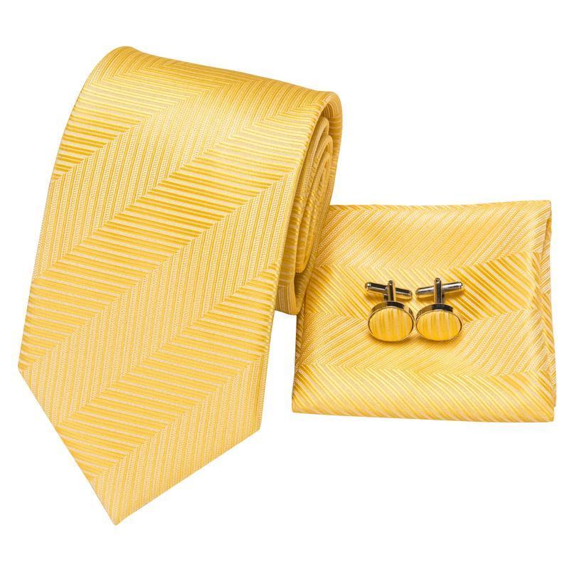 Yellow Color Striped Tie Handkerchief Cufflinks Set with Brooch