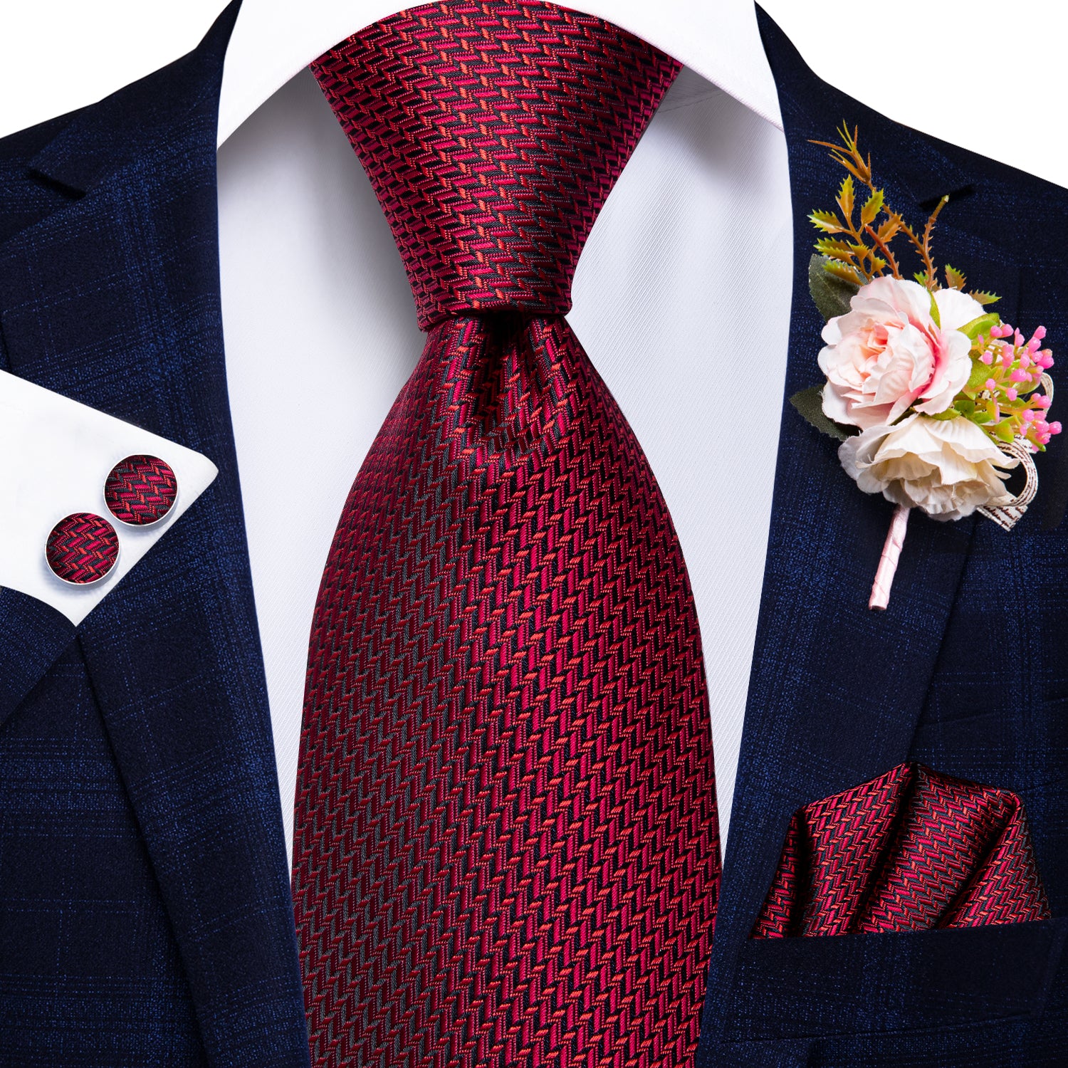 Pop Red Houndstooth Tie Handkerchief Cufflinks Set with Wedding Brooch