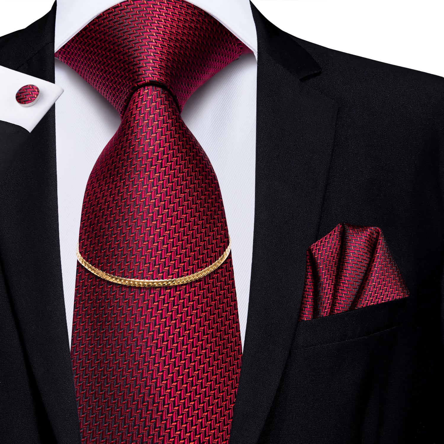 Pop Red Houndstooth Tie Pocket Square Cufflinks Set With Golden Chain