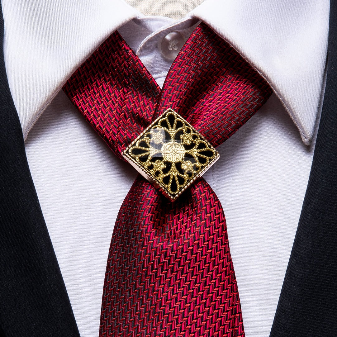 Red Houndstooth Poirot Tie Ring Pocket Square Cufflinks Set