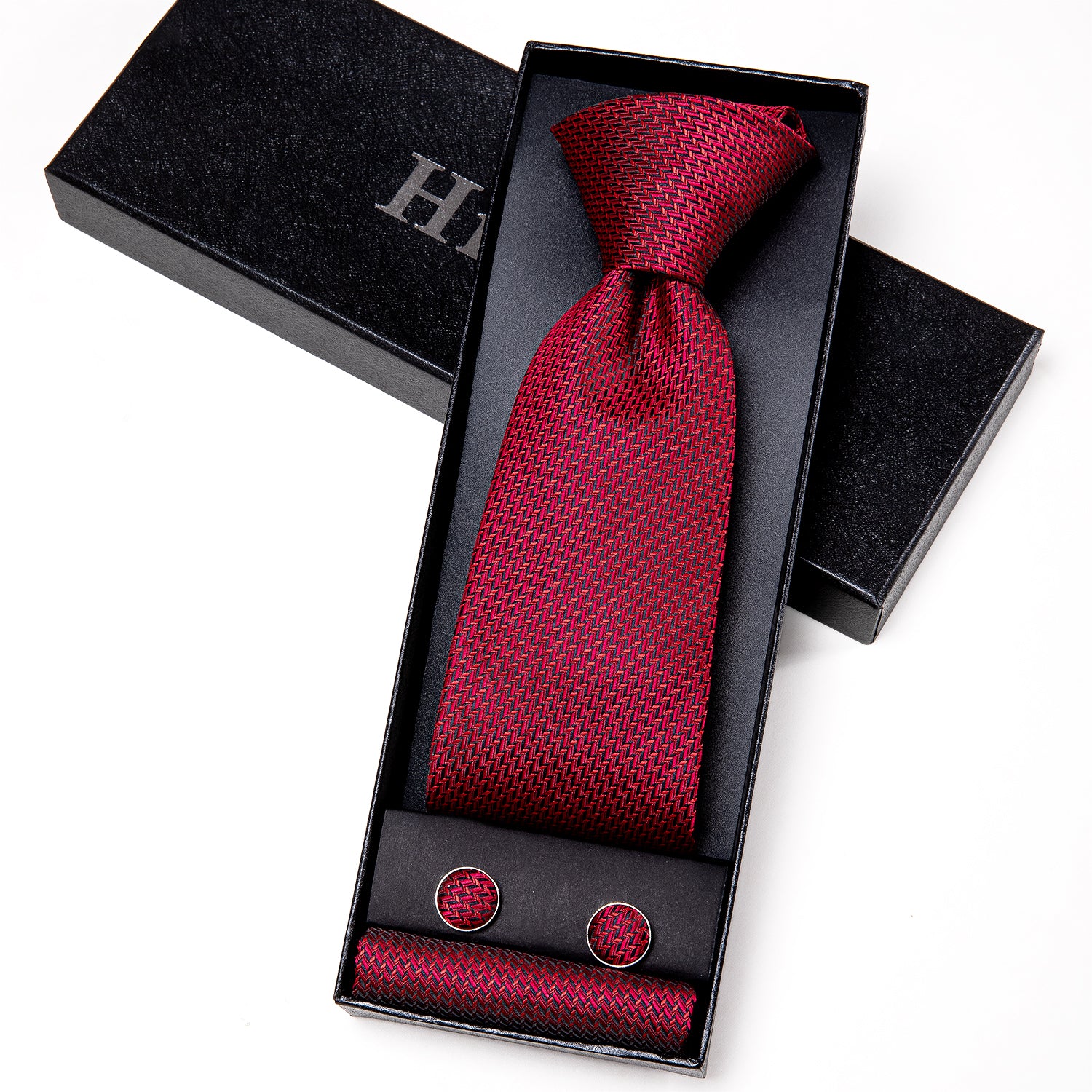 Pop Red Houndstooth Tie Pocket Square Cufflinks Set Gift Box Set