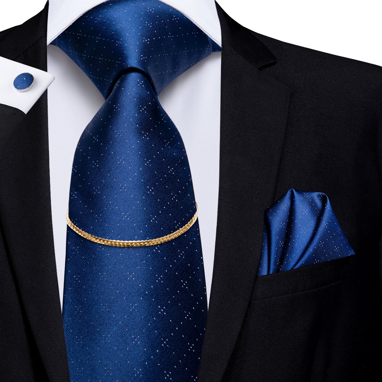 Blue Novelty Plaid Tie Set Silk Tie Hank Cufflinks Set With Golden Chain