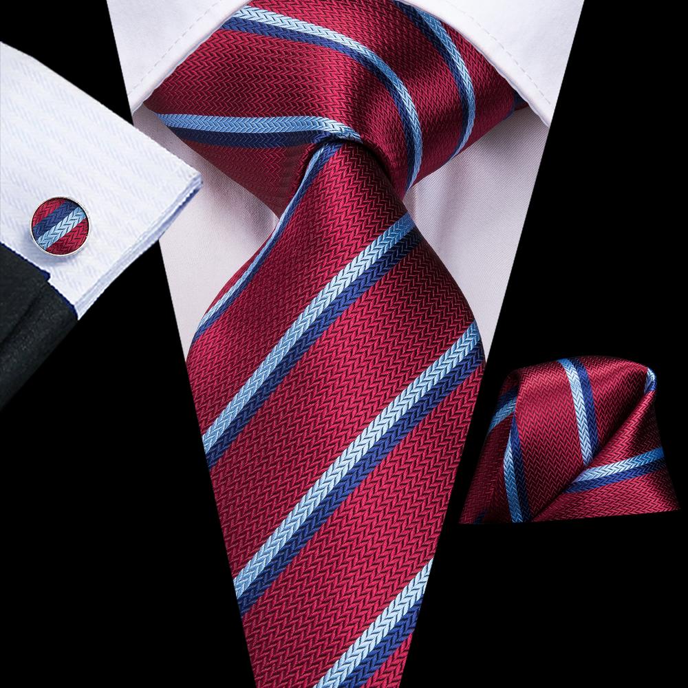 Burgundy Red Striped Tie Pocket Square Cufflinks Set