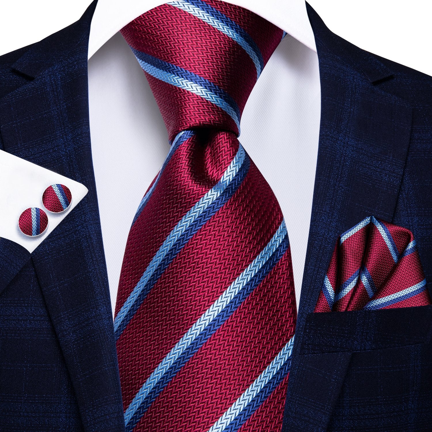 Burgundy Red Striped Tie Handkerchief Cufflinks Set with Wedding Brooch