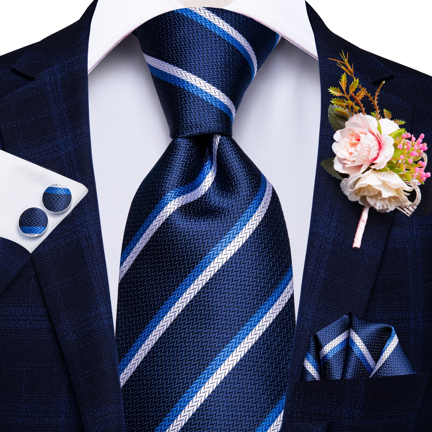 Royal Blue Striped Tie Handkerchief Cufflinks Set with Wedding Brooch