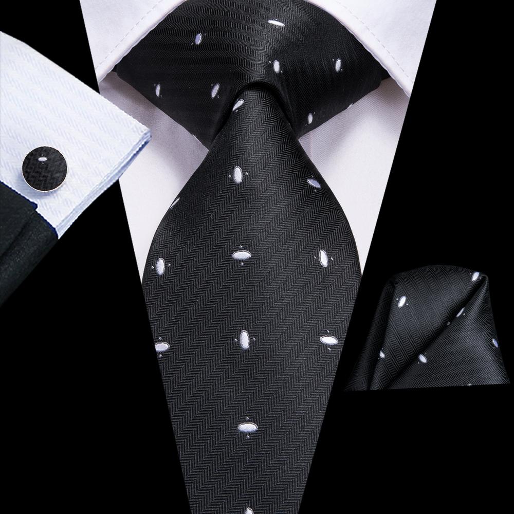 Black White Polka Dot Necktie Pocket Square Cufflinks Sets