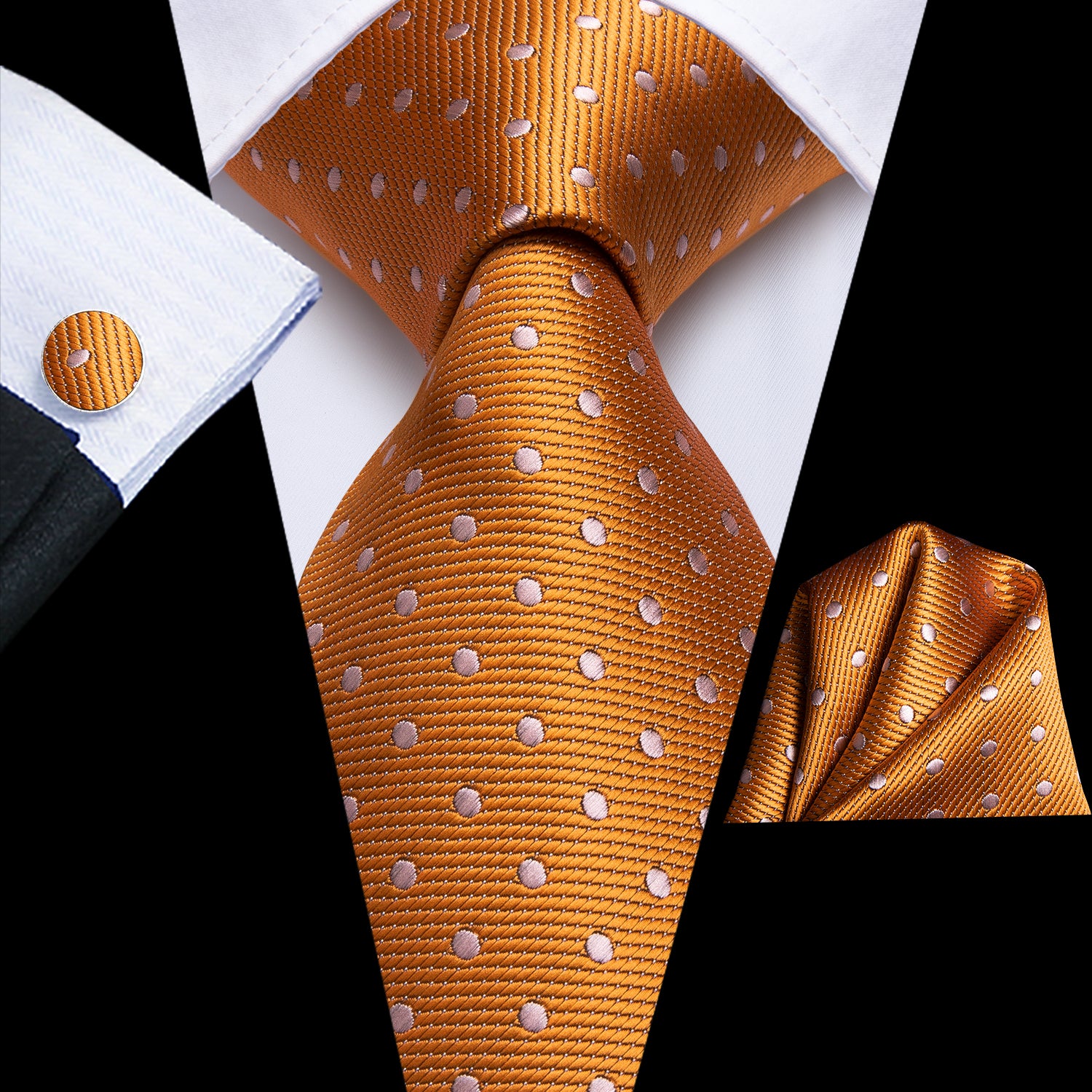 Orange White Polka Dot Necktie Pocket Square Cufflinks Set