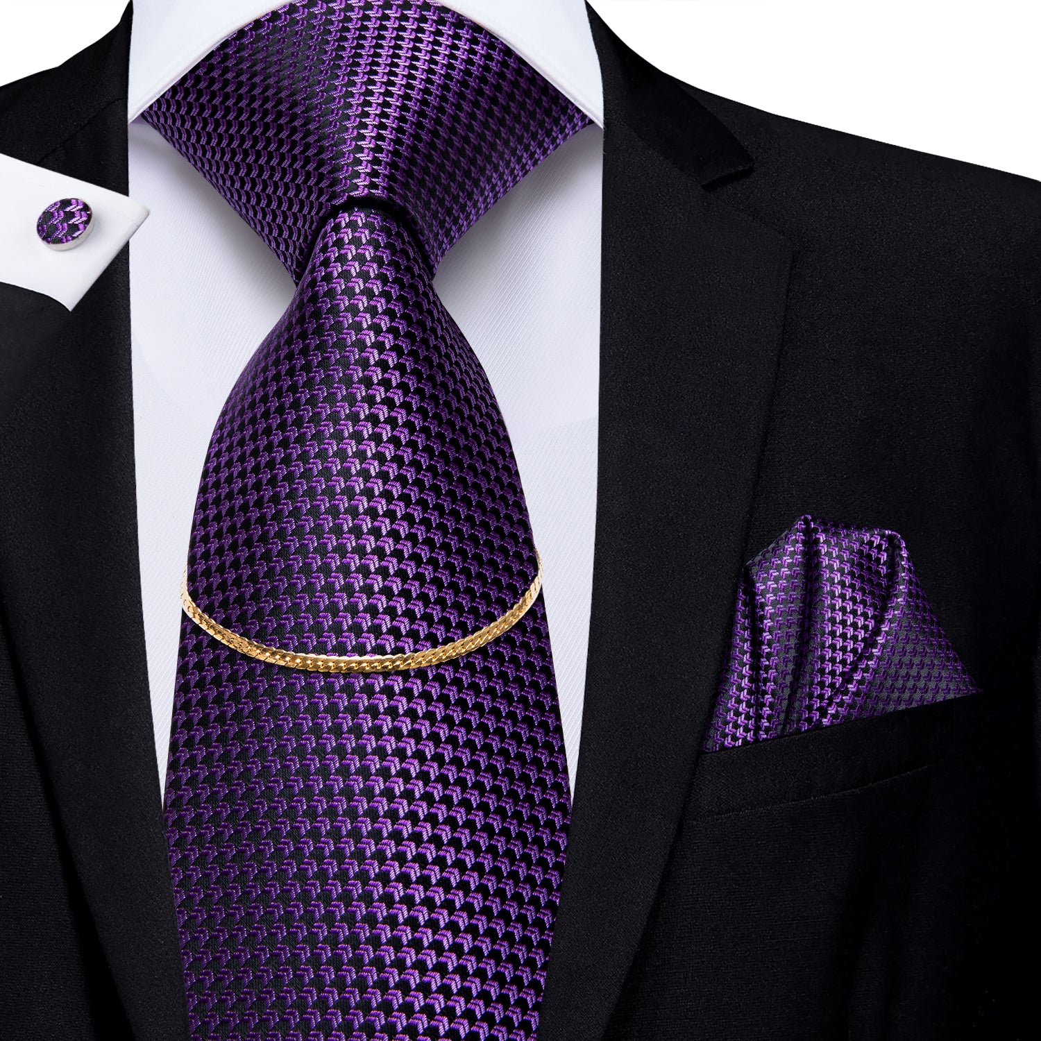 Purple Plaid Men's Necktie Pocket Square Cufflinks Set With Golden Chain