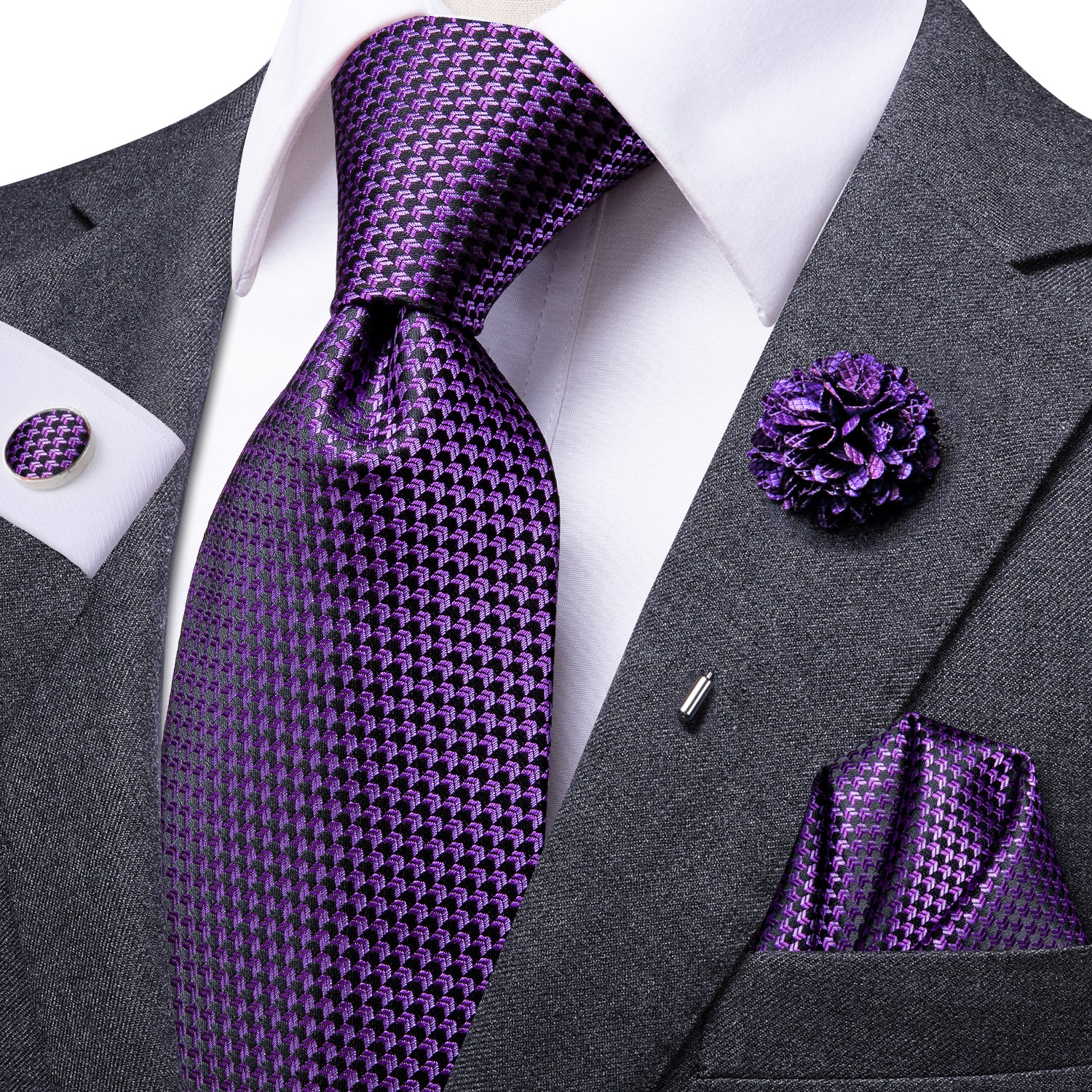 Purple Plaid Men's Necktie Pocket Square Cufflinks Set with Brooch