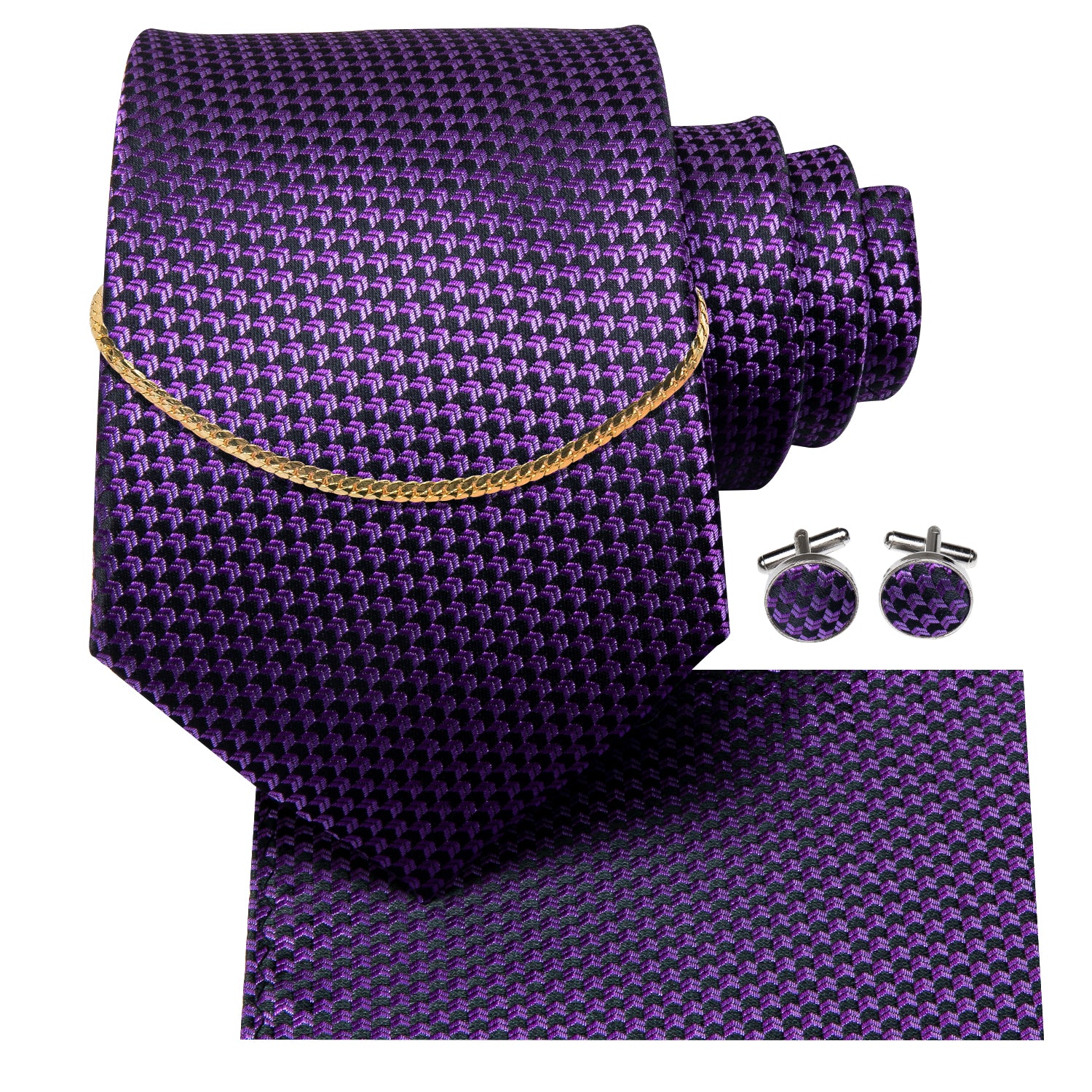 Purple Plaid Men's Necktie Pocket Square Cufflinks Set With Golden Chain