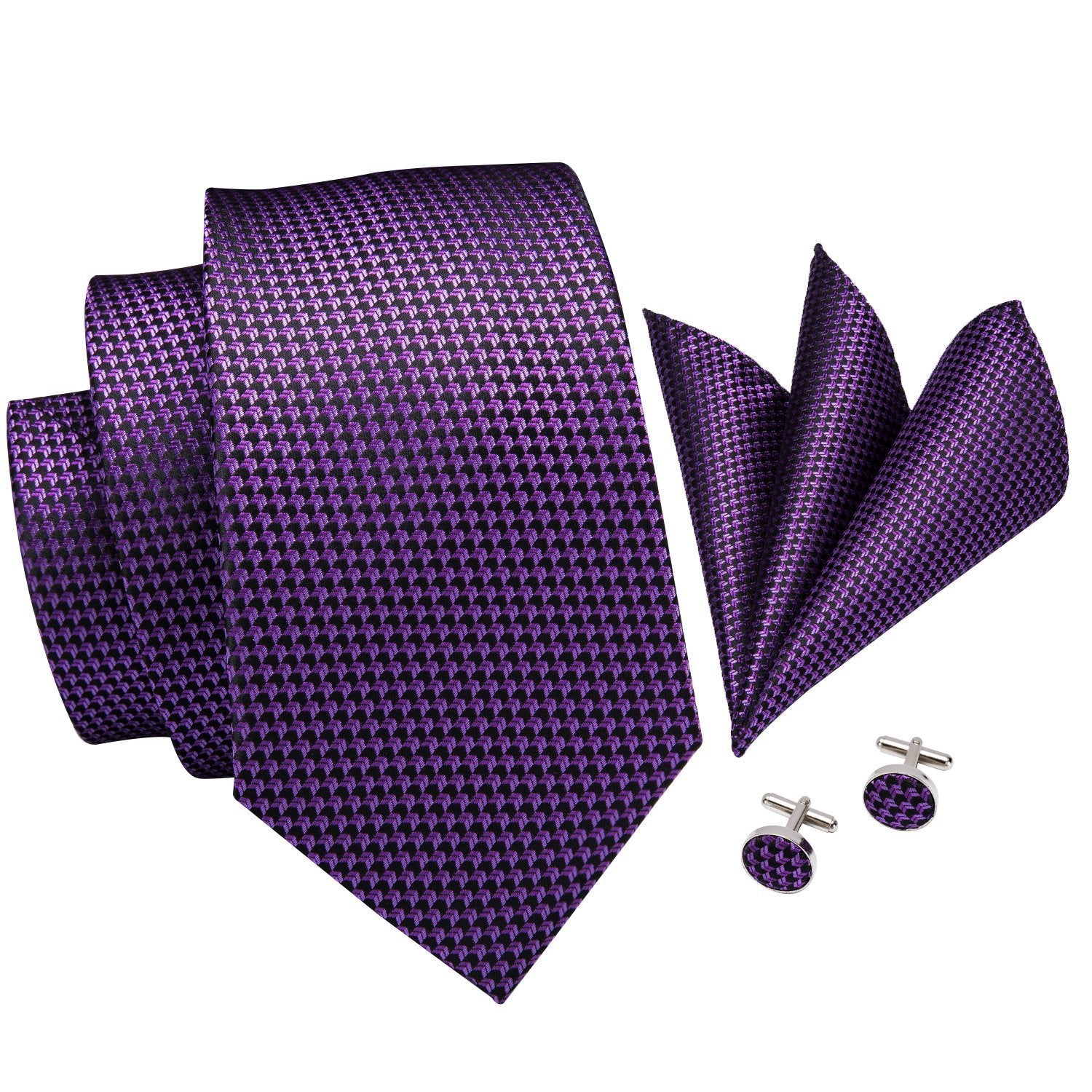 Purple Plaid Men's Necktie Pocket Square Cufflinks Set with Brooch