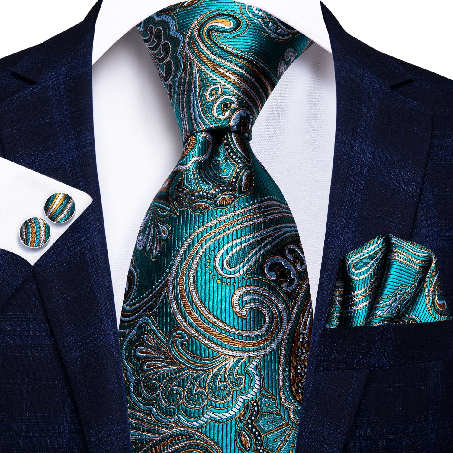 Blue Green Paisley Tie Handkerchief Cufflinks Set with Wedding Brooch