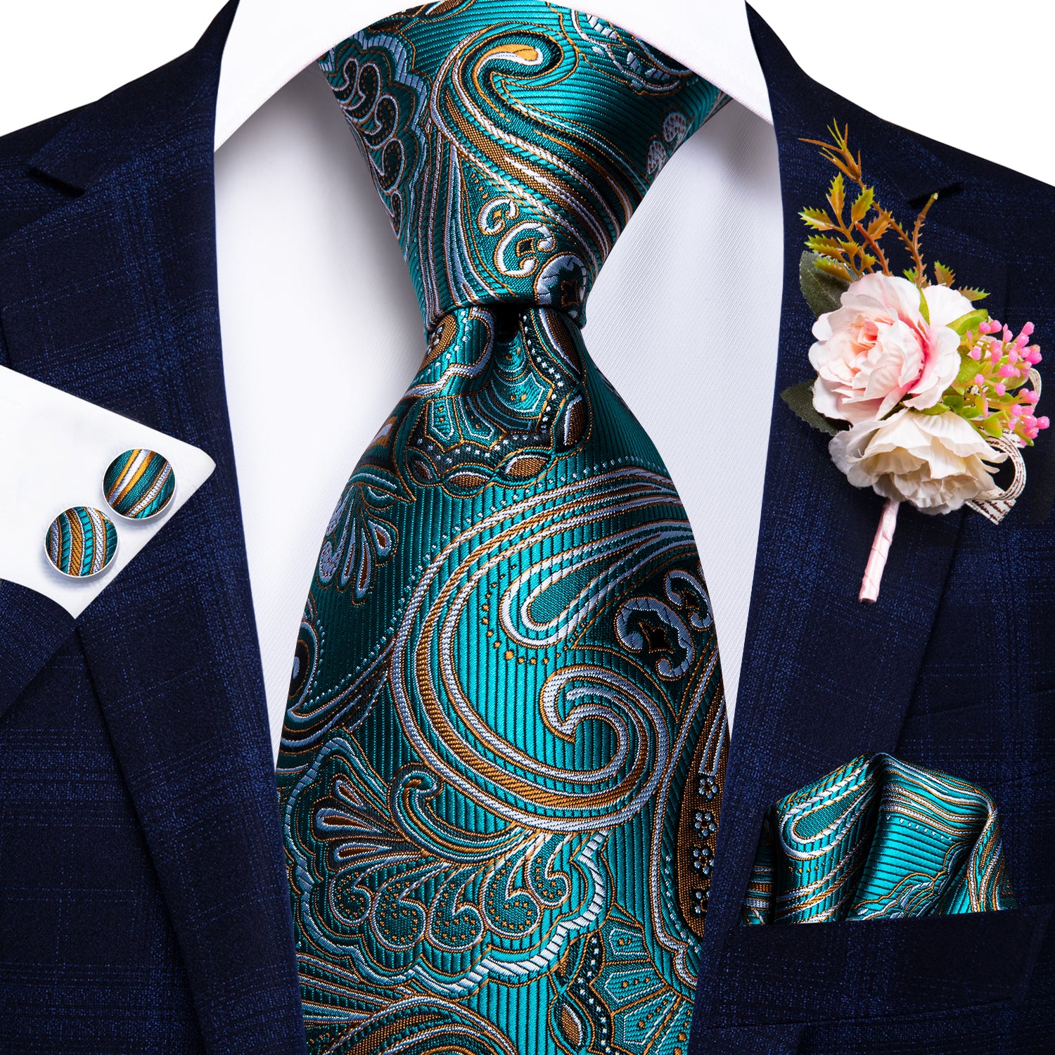 Blue Green Paisley Tie Handkerchief Cufflinks Set with Wedding Brooch
