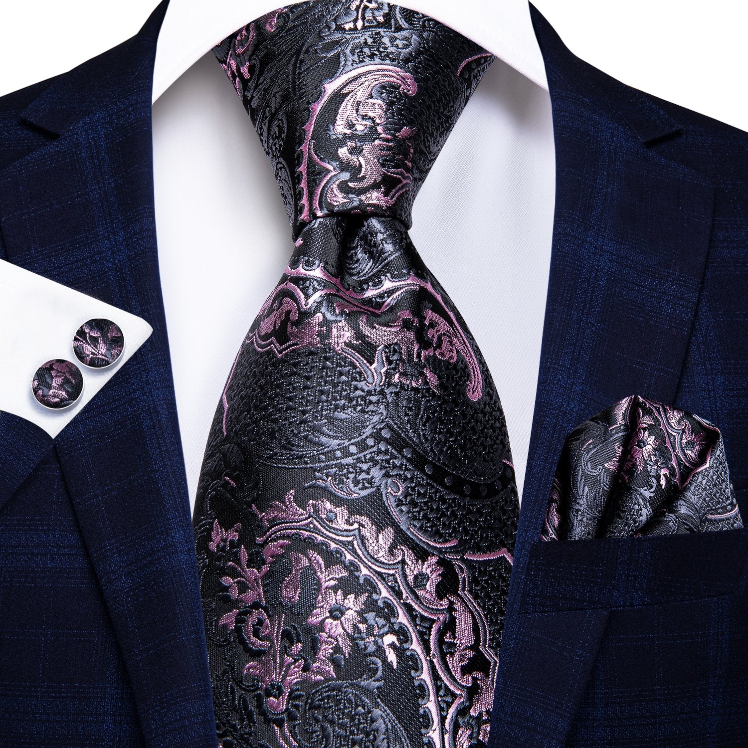 Grey Pink Paisley Tie Handkerchief Cufflinks Set with Wedding Brooch