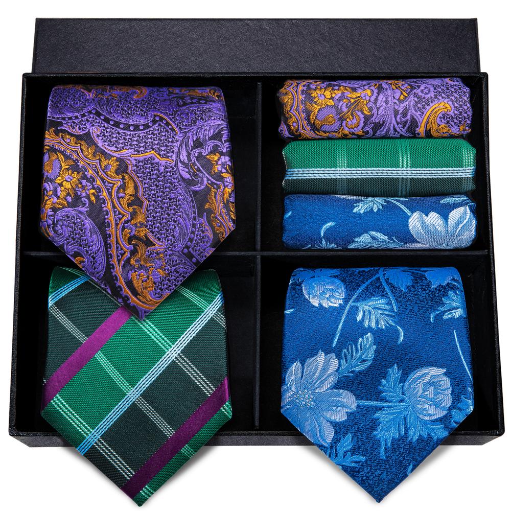 Purple Blue Green Floral Plaid Tie Pocket Square Cufflinks Gift Box Set