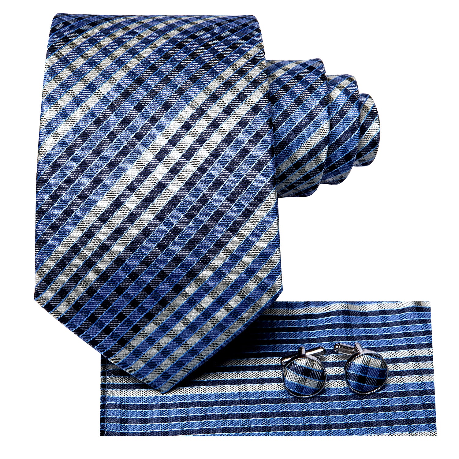 Blue Beige Plaid Men's Necktie Pocket Square Cufflinks Set
