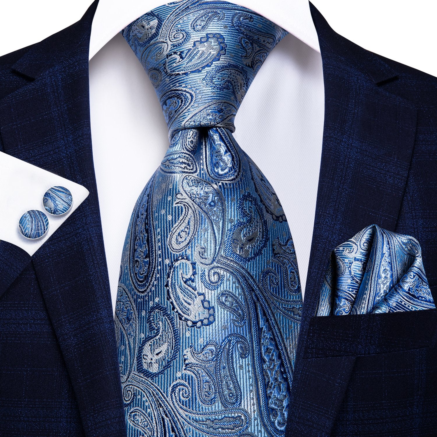Sky Blue Paisley Tie Handkerchief Cufflinks Set with Wedding Brooch
