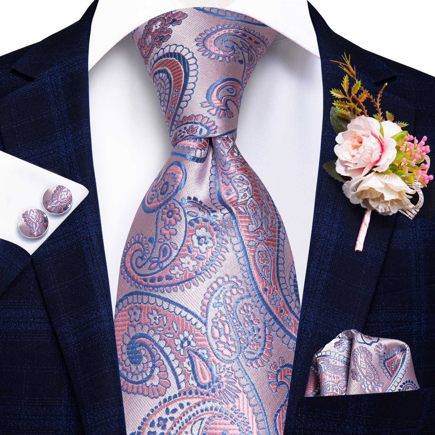 Pink Blue Paisley Tie Handkerchief Cufflinks Set with Wedding Brooch
