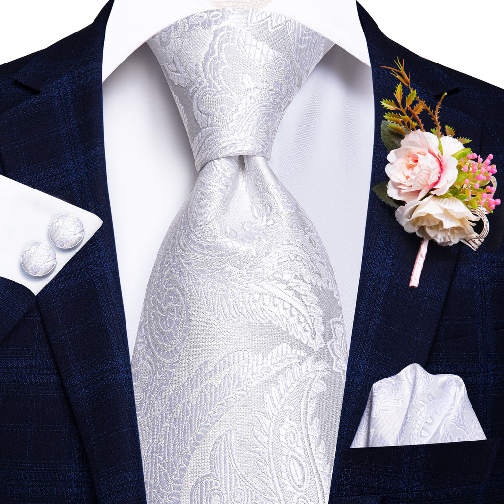 Pure White Paisley Tie Handkerchief Cufflinks Set with  Men\'s White Paisley Tie And Lapel Pin Necktie Hankerchief Cufflinks Set main image 0